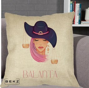 Perna Personalizata Zodiac Balanta Cowgirl, 40x40 cm, Crem, Husa Detasabila, Perna Inclusa, BEKZ®