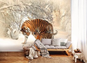 Fototapet - Tigri pe zăpadă (254x184 cm), în 8 de alte dimensiuni noi