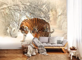 Fototapet - Tigri pe zăpadă (152,5x104 cm), în 8 de alte dimensiuni noi