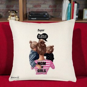 Cadou pentru Mama - Perna Personalizata Super Mama Mom of Girls, 40x40 cm, Crem Reliefat, Husa Detasabila, Perna Inclusa, BEKZ®