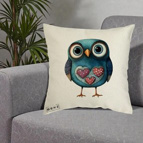 Perna Decorativa Bufnita Teal cu Doua Inimi, 40x40 cm, Ecru, Husa Detasabila, Perna Inclusa, BEKZ®