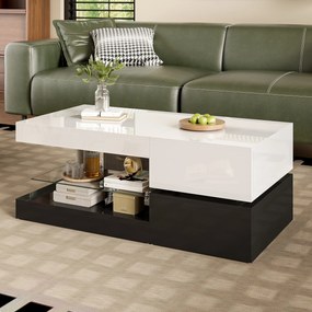 Masă de cafea cu iluminare ambientală LED, poliță din sticlă &amp; finisaj lucios, 90x45x35,5 cm, Alb+Negru