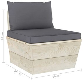 Set mobilier gradina din paleti, 3 piese, cu perne, lemn de molid Antracit, 2x mijloc + suport pentru picioare, 1