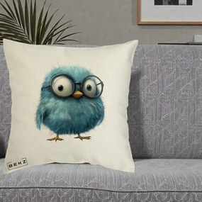 Perna Decorativa Pui Pufos Teal cu Ochelari, 40x40 cm, Ecru, Husa Detasabila, Perna Inclusa, BEKZ®