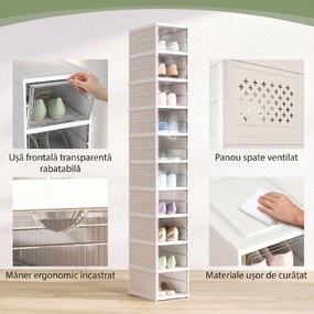 HOMCOM Pantofar Pliabil Slim, Modular, cu 10 Cutii pentru Pantofi, Economisire Spațiu, Fără Montaj, Alb | Aosom Romania