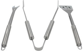 Set 3 ustensile pentru grătar – inox, 35 cm: spatulă, furculiță și clește