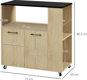 Cărucior de bucătărie din PAL cu raft deschis, dulap cu 2 uși și poliță laterală cu 2 niveluri, 75x40x80,5cm stejar și negru HOMCOM | Aosom Romania