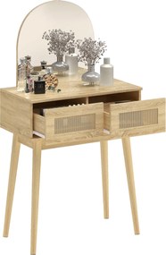 HOMCOM Masă de Machiaj cu Oglindă Arcuată 2 Sertare cu Față din Ratan pentru Spații Mici Natural | Aosom Romania