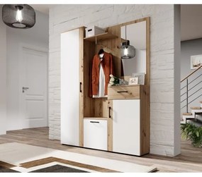 NOLAN – panou de hol cu oglindă, stejar artisan/alb