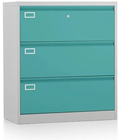 Dosar metalic cu două rânduri A4 - 3 sertare, 90 x 45 x 102 cm, încuietoare cu cilindru, verde - ral 6033