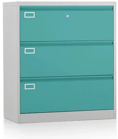 Dosar metalic cu două rânduri A4 - 3 sertare, 90 x 45 x 102 cm, încuietoare cu cilindru, verde - ral 6033