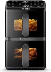 Friteuza verticala dubla cu aer cald Philips Dual Stack 4000 NA460/00, 2750 W, 10 l, 13 programe, 40-220°C, Sincronizare, Acoperire ceramică fara PFAS, Fereastra, Negru