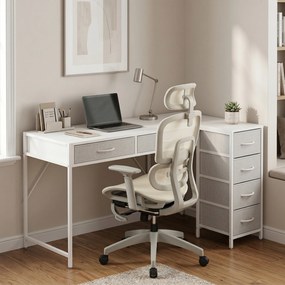 HOMCOM Birou de Colț Reversibil cu Prize și Porturi USB, 126x48 cm, Birou în Formă de L cu 6 Sertare din Material Textil, Cârlig Lateral, pentru Computer, Birou, Cameră, Alb | Aosom Romania