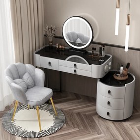 Set Lucia Premium, Masă de toaletă pentru machiaj, incarcare Wireless+USB+USB C, difuzor Bluetooth, oglindă iluminată LED, control touch, trei tipuri culoare, 6 sertare, scaun, 100 cm