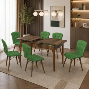 Set masa extensibila cu 6 scaune tapitate Homs cristal  nuc-verde 170 x 80 cm