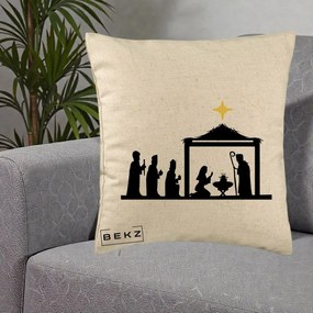 Perna Decorativa Nasterea Pruncului Silueta Neagra si Stea Aurie, 40x40 cm, Bej, Husa Detasabila, Perna Inclusa, BEKZ®