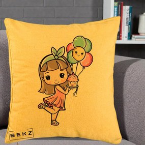 Perna Decorativa Fetita Kawaii cu Baloane si Cupcake, 40x40 cm, Galben, Husa Detasabila, Perna Inclusa, BEKZ®