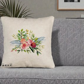 Perna Decorativa Buchet Flori Acuarela Roz-Verde, 40x40 cm, Bej Canapea, Husa Detasabila, Perna Inclusa, BEKZ®