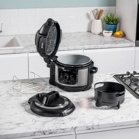 Multicooker sub presiune Ninja Foodi OP350FR, 1400 W, 6 Л, 9 programe, 40-200°C, TenderCrisp®, Acoperire ceramica, Mentinerea caldurii, Pui întreg, Negru/inoxidabil