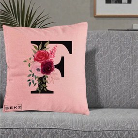Cadou Personalizat - Perna Personalizata Monograma Florala Litera F, 40x40 cm, Roz, Husa Detasabila, Perna Inclusa, BEKZ®