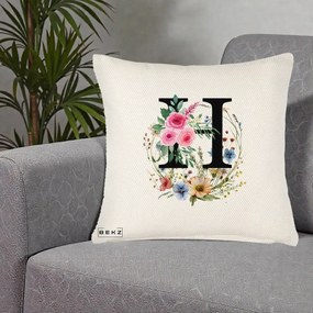 Cadou Personalizat - Perna Personalizata Monogram Litera H cu Flori Acuarela, 40x40 cm, Crem Reliefat, Husa Detasabila, Perna Inclusa, BEKZ®