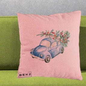 Perna Decorativa Masinuta Albastra cu Brad de Craciun, 40x40 cm, Roz, Husa Detasabila, Perna Inclusa, BEKZ®
