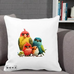 Perna Decorativa Familie de Pasarele Colorate, 40x40 cm, Alba Mata, Husa Detasabila, Perna Inclusa, BEKZ®
