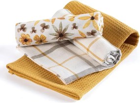 decoDoma Prosoape de bucătărie din bumbac FLORI GALBENE ȘI DE CHIMION 45 x 70 cm set 3 buc