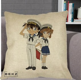 Perna Personalizata Detective Conan Conan si Ai Sailor, 40x40 cm, Crem, Husa Detasabila, Perna Inclusa, BEKZ®