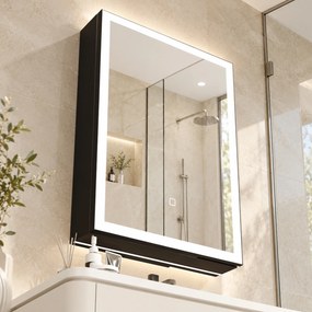 HOMCOM Dulap de Baie cu Oglindă și LED, 3 Culori, 50x70 cm, Soft-Close, Priză, Rafturi Reglabile, Negru | Aosom Romania