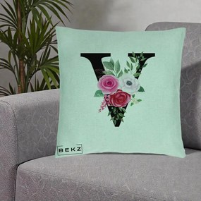 Cadou Personalizat - Perna Personalizata Monograma Florala Litera V cu Buchet, 40x40 cm, Verde Menta, Husa Detasabila, Perna Inclusa, BEKZ®