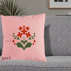 Perna Decorativa Buchet Floral Folk Rosu-Verde, 40x40 cm, Roz, Husa Detasabila, Perna Inclusa, BEKZ®