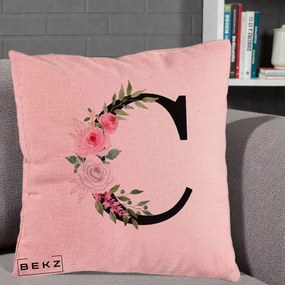 Cadou Personalizat - Perna Personalizata Monograma Florala Litera C, 40x40 cm, Roz, Husa Detasabila, Perna Inclusa, BEKZ®