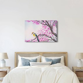 Tablou - Pasăre pe un copac cu flori roz (90x60 cm)