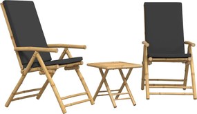 vidaXL Set de bistro pliabil, 3 piese, cu perne gri închis, bambus