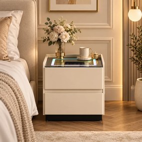 AVÉLIA — Noptieră inteligentă cu încărcare Wireless, Bluetooth Stereo, iluminare RGB, USB + Type-C, Bej