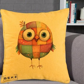Perna Decorativa Pasare Patchwork Colorata, 40x40 cm, Galben, Husa Detasabila, Perna Inclusa, BEKZ®