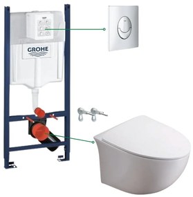 Set vas wc suspendat rimless cu capac soft close Foglia Alice, rezervor incastrat si clapeta crom Skate Air Grohe