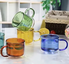 Set 4 cani ,RAINBOW   250 ml din sticla borosilicata, cu perete dublu, multicolor