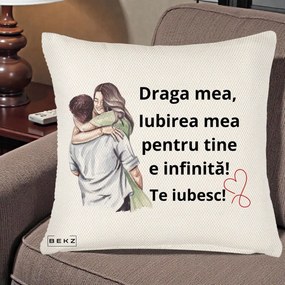 Cadou pentru Iubita - Perna Personalizata Draga Mea Iubirea Mea Infinita Te Iubesc cu Cuplu Acuarela, 40x40 cm, Crem Reliefat, Husa Detasabila, Perna Inclusa, BEKZ®