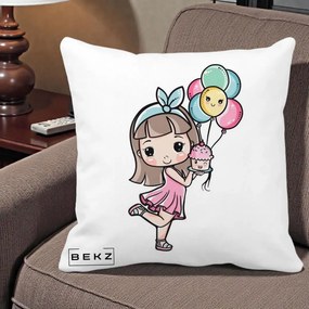 Perna Decorativa Fetita Kawaii cu Baloane si Cupcake, 40x40 cm, Alba Mata, Husa Detasabila, Perna Inclusa, BEKZ®