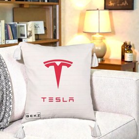 Perna Personalizata cu emblema Tesla, 40x40 cm, Bej cu Franjuri, Husa Detasabila, Perna Inclusa, BEKZ®