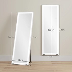 HOMCOM Oglindă de Corp Întreg cu LED, 150x50 cm, Iluminare în 3 Culori, de Podea, Sprijinită sau Montată pe Perete, Transparentă | Aosom Romania