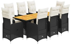 3277134 vidaXL Set bistro de grădină, 9 piese, cu perne, negru, poliratan