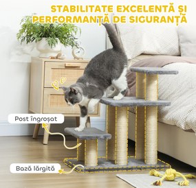 PawHut Scară pentru Câini și Pisici cu 3 Trepte din Pluș și Stâlpi Zgâriători din Sisal, Capacitate 10 kg, Gri | Aosom Romania