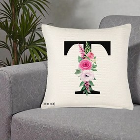 Cadou Personalizat - Perna Personalizata Monograma Florala Litera T, 40x40 cm, Crem Reliefat, Husa Detasabila, Perna Inclusa, BEKZ®
