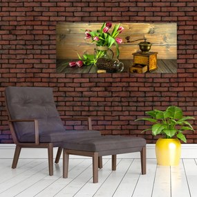 Tablou - lalele, râșniță și cafea (120x50 cm)