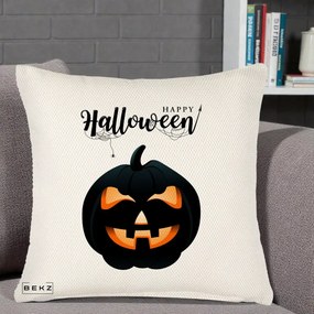 Perna Decorativa Happy Halloween Dovleac Negru cu Paianjen, 40x40 cm, Crem Reliefat, Husa Detasabila, Perna Inclusa, BEKZ®