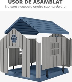 PawHut Căsuță pentru Câini din Plastic pentru Exterior, Impermeabilă, pentru Câini de Talie Medie cu Bază Ridicată, Ferestre și Acoperiș pentru Grădină, Patio, Terasă, Casă și Interior, 85x79x82 cm, Gri | Aosom Romania
