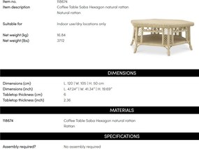 Masuta de cafea din ratan natural design LUX Saba Hexagon
